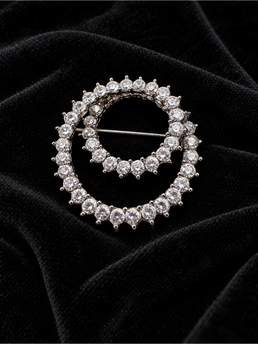 Sparkling Crystal Double Circle Brooch in Silver-Tone